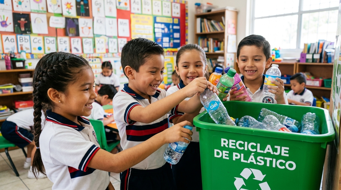 Niños depositando botellas plásticas