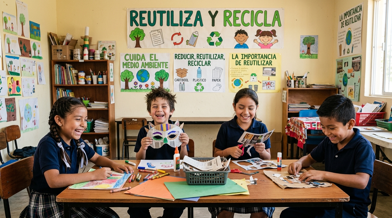 Niños haciendo manualidades creativas con papel