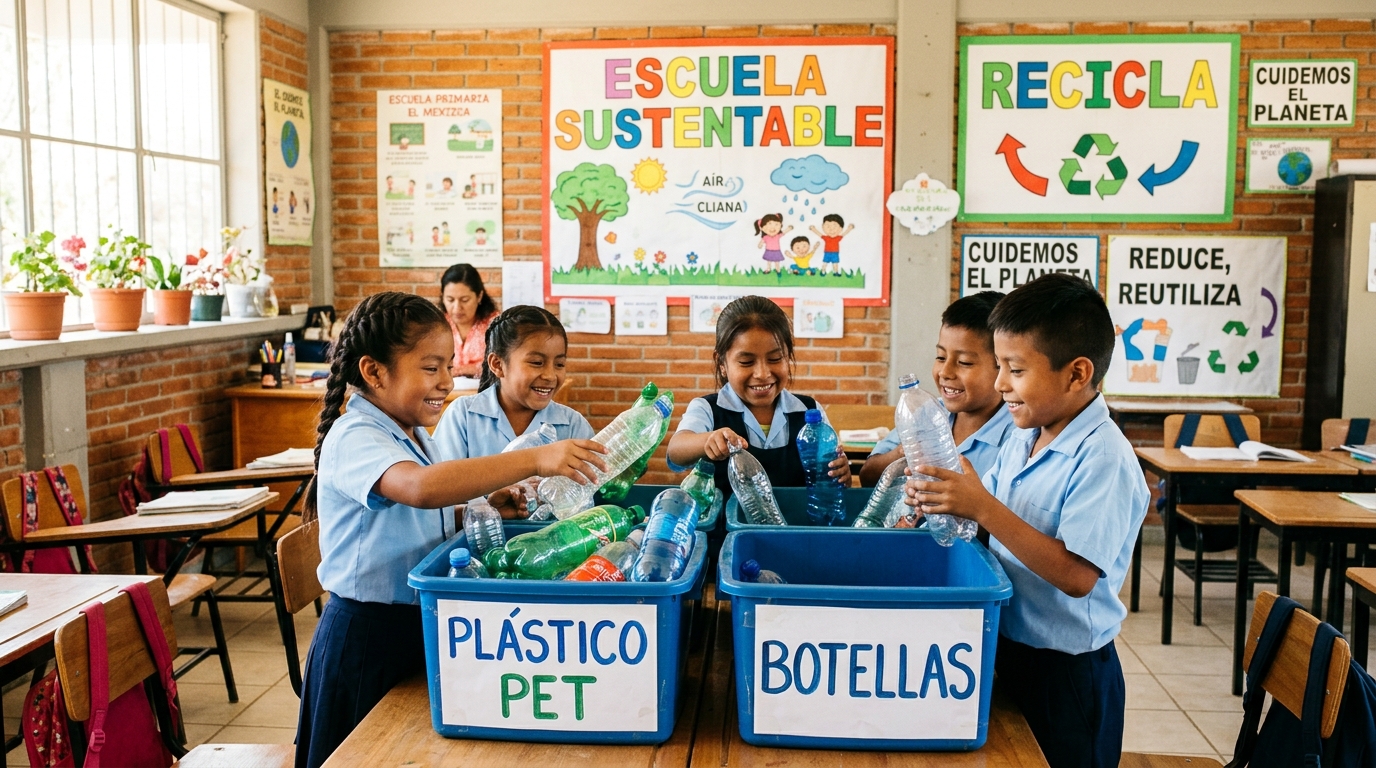 Estudiantes clasificando botellas PET