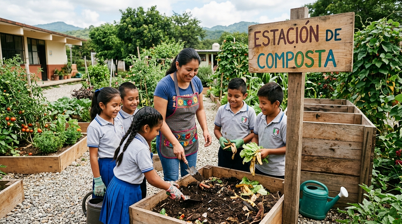 Estudiantes aplicando abono a plantas escolares